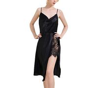 JK Home Camicia da notte da donna in raso pieno slip Chemise, pizzo di seta collo ad alto spacco backless abito da notte, camicia da notte base sottogonna, #1 Nero, L