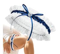 JK Trade® L-XXXL Premium Giarrettiera da sposa in blu per matrimonio, con pizzo, fiocco e un elegante cuore di brillantini in filigrana, 100% fatto a mano, Blu scuro