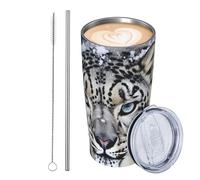 JKASDTRP Bicchiere da viaggio isolato in acciaio inox da 590 ml, a prova di perdite, tazza da caffè da viaggio con coperchio e cannuccia dagli occhi azzurri con leopardo delle nevi, bicchieri da bere