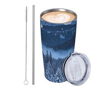 JKASDTRP Bicchiere da viaggio isolato in acciaio inox da 590 ml, a prova di perdite, tazza da caffè da viaggio con coperchio e cannuccia, tema invernale paese delle meraviglie con fiocco di neve