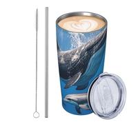 JKASDTRP Bicchiere da viaggio isolato in acciaio inox da 590 ml, a prova di perdite, tazza da caffè da viaggio con coperchio e paglia balene e delfini, bicchieri per bevande, regali per donne, uomini