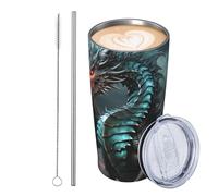 JKASDTRP Bicchiere da viaggio isolato in acciaio inox da 590 ml, a prova di perdite, tazza da caffè da viaggio con coperchio e cannuccia, tazza da caffè con drago, regalo per donne, uomini e amanti