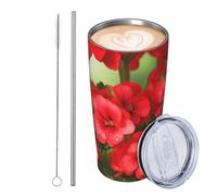 JKASDTRP Bicchiere da viaggio isolato in acciaio inox da 590 ml, a prova di perdite, tazza da caffè da viaggio con coperchio e cannuccia gerani rossi per bevande tazze regalo per donne uomini amanti