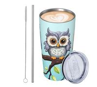 JKASDTRP Bicchiere da viaggio isolato in acciaio inox da 590 ml, a prova di perdite, tazza da caffè da viaggio con coperchio e gufi di paglia su un ramo per bevande, regali per donne, uomini amanti
