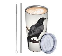 JKASDTRP Bicchiere da viaggio isolato in acciaio inox da 590 ml, a prova di perdite, tazza da caffè da viaggio con coperchio e cannuccia con uccelli corvi neri su un ramo per bevande, regali per donne
