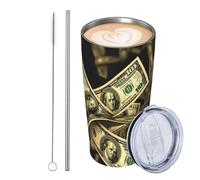 JKASDTRP Bicchiere da viaggio isolato in acciaio inox da 590 ml, a prova di perdite, tazza da caffè da viaggio con coperchio e cannuccia segno del dollaro per denaro, bicchiere, tazze, regali per