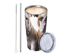 JKASDTRP Bicchiere da viaggio isolato in acciaio inox da 590 ml, a prova di perdite, tazza da caffè da viaggio con coperchio e cannuccia, due simpatici cani bulldog, bicchieri da bere regali per donne