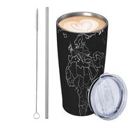 JKASDTRP Bicchiere da viaggio isolato in acciaio inox da 590 ml, a prova di perdite, tazza da caffè da viaggio con coperchio e cannuccia con mappa del mondo nera, bicchieri da bere regali per donne