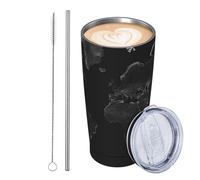 JKASDTRP Bicchiere da viaggio isolato in acciaio inox da 590 ml, a prova di perdite, tazza da caffè da viaggio con coperchio e cannuccia con mappa del mondo nera, bicchieri da bere regali per donne