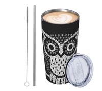 JKASDTRP Bicchiere da viaggio isolato in acciaio inox da 590 ml, a prova di perdite, tazza da caffè da viaggio con coperchio e cannuccia, chicco di caffè, gufo, bicchiere, bicchiere, regali per donne