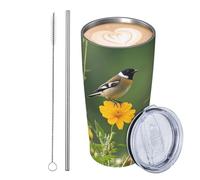 JKASDTRP Bicchiere da viaggio isolato in acciaio inox da 590 ml, a prova di perdite, tazza da caffè da viaggio con coperchio e paglia uccelli e piante da fiore di campagna estive, bicchieri da bere
