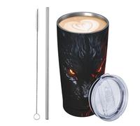 JKASDTRP Bicchiere da viaggio isolato in acciaio inox da 590 ml, a prova di perdite, tazza da caffè da viaggio con coperchio e cannuccia, grande lupo nero con occhi rossi, tazze da bere regali per