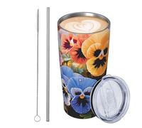 JKASDTRP Bicchiere da viaggio isolato in acciaio inox da 590 ml, a prova di perdite, tazza da caffè da viaggio con coperchio e paglia fiori del pensiero per bevande tazze regalo per donne uomini