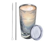 JKASDTRP Bicchiere da viaggio isolato in acciaio inox da 590 ml, a prova di perdite, tazza da caffè da viaggio con coperchio e cannuccia, scena invernale sulla neve, bicchieri da bere tazze regalo per