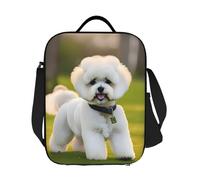 JKASDTRP Bichon Frise Dog On The Grass - Borsa termica per il pranzo, riutilizzabile, a prova di perdite, con tracolla regolabile, per donne e uomini, lavoro, viaggi, picnic
