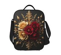 JKASDTRP Borsa termica per il pranzo con rosa rossa e oro, di lusso, riutilizzabile, a prova di perdite, con tracolla regolabile, per donne, uomini, lavoro, viaggi, picnic