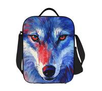JKASDTRP Borsa termica per il pranzo con viso di lupo blu e rosso ad acquerello, riutilizzabile, a prova di perdite, borsa termica con tracolla regolabile, per donne e uomini, lavoro, viaggi, picnic