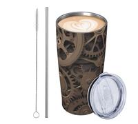JKASDTRP Tumbler da 590 ml in acciaio inox isolato bicchieri da viaggio a tenuta stagna tazza da caffè da viaggio con coperchio e cannuccia ingranaggi meccanici steampunk tazze bicchieri regali per