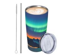 JKASDTRP Tumbler da 590 ml in acciaio inox isolato bicchieri da viaggio a tenuta stagna tazza da caffè da viaggio con coperchio e paglia montagna laghi aurora boreale bicchieri bicchieri regali per