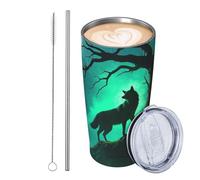 JKASDTRP Tumbler da 590 ml in acciaio inox isolato bicchieri da viaggio a tenuta stagna tazza da caffè da viaggio con coperchio e paglia motivi lupo fantasia nebbia albero magico bicchieri bicchieri