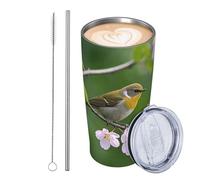 JKASDTRP Tumbler da 590 ml in acciaio inox isolato da viaggio bicchieri da viaggio a tenuta stagna tazza da caffè con coperchio e paglia uccello ramo di fiori bicchieri bicchieri bicchieri regali per