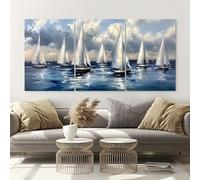 JKEVCBIAX Opera d'arte decorativa per la casa con paesaggio blu e bianco, tre pezzi, a tema nautico, raffigurante barche a vela su un mare tranquillo (30x45cmx3/SENZA cornice)