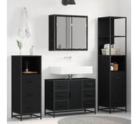 Jkghdrt Set di mobili da bagno, 4 pezzi, effetto rovere nero, in legno | Armadio a specchio, mobiletto inferiore, armadio basso e alto, montaggio a parete, resistente all'umidità, molto spazio