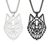 JKJF 2 collane con ciondolo a forma di testa di lupo, in acciaio inox, con ciondolo a forma di testa di lupo, hip hop, punk, animali della foresta, per uomo e donna, colore argento e nero