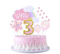 JKJF Decorazione per torta per 3 compleanni, per bambine, decorazione per torte arcobaleno nuvole Happy Birthday, decorazione per torte, stelle palloncini per bambini compleanno rosa