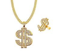 JKJF Dollar Sign Collana Anello Set Hip Hop Dollar Collana Rapper Catena d'oro 80s 90s Accessori per costumi per uomini donne Cosplay Festa a tema - Oro