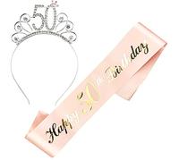 JKJF Happy 50° Compleanno Fascia e Tiara - Cristallo Strass Corona Cerchietto per Donne - Regalo e Decorazione Festa - Oro Rosa 2 Pezzi