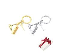 JKJF Portachiavi da parrucchiere, strumenti per salone di bellezza, parrucchiere, asciugacapelli, forbici, pettine, ciondolo portachiavi, 2 pezzi, oro e argento, con confezione regalo, Oro argento,
