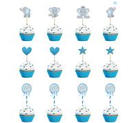 JKJF Set di 50 topper per cupcake a forma di elefante decorazione per torta bambini decora torte elefanti cupcake plettri stelle lecca decora torta genere Reveal Baby Doccia compleanno bambini blu