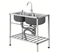 JKJZSALJ Lavello di Servizio in Acciaio Inossidabile A Doppia Vasca con Rubinetto E Scarico, Design Indipendente per Cucina, Bagno, Ristorante E Lavanderia, Caldo E Freddo, 81X43X75 Cm