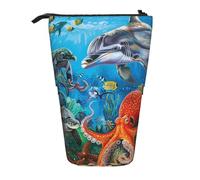 JKLQWC Astuccio retrattile con supporto per matite, grazioso astuccio per cancelleria e trucchi con stampa di elefanti, per viaggi, scuola, ufficio, regali, Delfini Tartaruga Mare Polpo Barriera