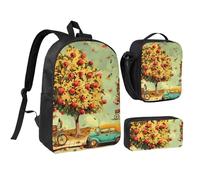 JKLQWC Chicago - Set di 3 zaini con stampa riflessa, 43 cm, borsa per la scuola con borsa termica per il pranzo e astuccio per studenti, adolescenti, ragazze e ragazzi, Auto Sotto Alberi Da Frutto