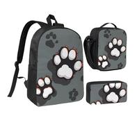 JKLQWC Set di 3 zaini con stampa basket, borsa per la scuola da 43 cm, con borsa termica per il pranzo e astuccio per studenti, adolescenti, ragazze e ragazzi, Impronte Animali, Taglia unica, Zaino