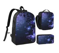 JKLQWC Set di 3 zaini con stampa basket, borsa per la scuola da 43 cm, con borsa termica per il pranzo e astuccio per studenti, adolescenti, ragazze e ragazzi, Sfondo Con Farfalle Notte, Taglia unica