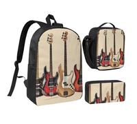 JKLQWC Set di 3 zaini con stampa di cavalli, borsa per la scuola da 43 cm con borsa termica per il pranzo e astuccio per studenti, adolescenti, ragazze e ragazzi, Chitarra Basso Strumenti musicali