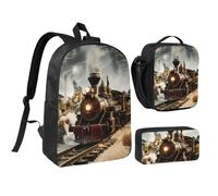 JKLQWC Set di 3 zaini con stampa di chitarra artistica, 43 cm, borsa per la scuola con borsa termica per il pranzo e astuccio per studenti, adolescenti, ragazze e ragazzi, Treno e Ferrovia, Taglia