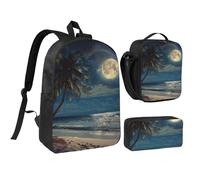 JKLQWC Set di 3 zaini con stampa di chitarra artistica, 43 cm, borsa per la scuola con borsa termica per il pranzo e astuccio per studenti, adolescenti, ragazze e ragazzi, Palma tropicale spiaggia