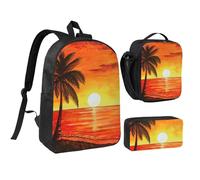 JKLQWC Set di 3 zaini con stampa di girasoli, borsa per la scuola da 43 cm, con borsa termica per il pranzo e astuccio per studenti, adolescenti, ragazze e ragazzi, Palma Tramonto, Taglia unica, Zaino