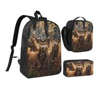 JKLQWC Set di 3 zaini con stampa di pesci, borsa per la scuola da 43 cm con borsa termica per il pranzo e astuccio per studenti, adolescenti, ragazze e ragazzi, Natura Cervi animali selvatici, Taglia