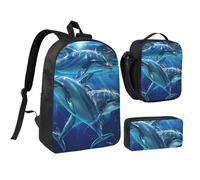 JKLQWC Set di 3 zaini con stampa libellula, borsa per la scuola da 43 cm, borsa termica per il pranzo e astuccio per studenti, adolescenti, ragazze e ragazzi, Delfini, Taglia unica, Zaino Scuola