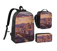 JKLQWC Set di 3 zaini con stampa moderna di metà secolo, borsa per la scuola da 43 cm con borsa termica per il pranzo e astuccio per studenti, adolescenti, ragazze e ragazzi, Las Vegas Tramonto