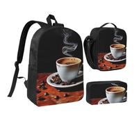 JKLQWC Set di 3 zaini con stampa moderna di metà secolo, borsa per la scuola da 43 cm con borsa termica per il pranzo e astuccio per studenti, adolescenti, ragazze e ragazzi, Caffè caldo con chicco di