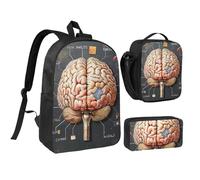 JKLQWC Set di 3 zaini con stampa moderna di metà secolo, borsa per la scuola da 43 cm con borsa termica per il pranzo e astuccio per studenti, adolescenti, ragazze e ragazzi, Cervello umano, Taglia