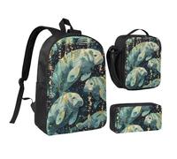 JKLQWC Set di 3 zaini con stampa moderna di metà secolo, borsa per la scuola da 43 cm con borsa termica per il pranzo e astuccio per studenti, adolescenti, ragazze e ragazzi, Vitello Animali Marini