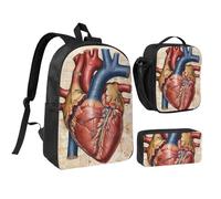 JKLQWC Set di 3 zaini con stampa moderna di metà secolo, borsa per la scuola da 43 cm con borsa termica per il pranzo e astuccio per studenti, adolescenti, ragazze e ragazzi, Grafico Cuore Anatomia