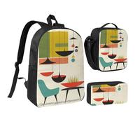 JKLQWC Set di 3 zaini con stampa moderna di metà secolo, borsa per la scuola da 43 cm con borsa termica per il pranzo e astuccio per studenti, adolescenti, ragazze e ragazzi, Stampe moderne di metà